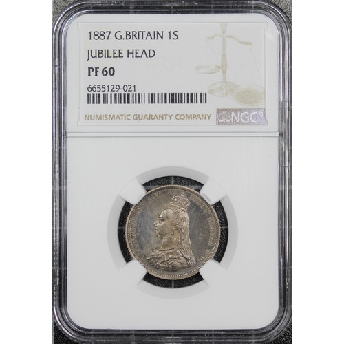 80 - 1887 Proof Shilling, NGC PF60, Victoria. Obv. Jubilee bust left, Rev. crowned square-topped shield w... 