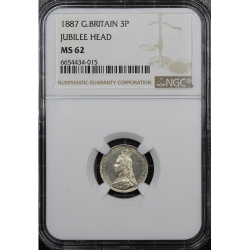 45 - 1887 Threepence, NGC MS62, Victoria. Obv. Jubilee bust left, Rev. crowned denomination dividing date... 