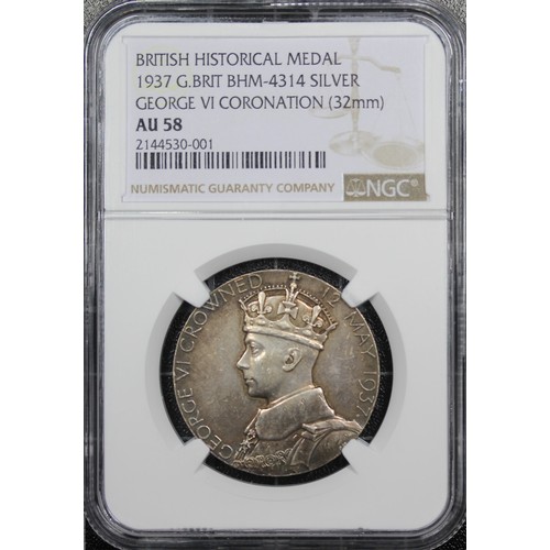 326 - 1937 Coronation Medal, NGC AU58, George VI, official Royal Mint issue struck in silver. Obv. crowned... 