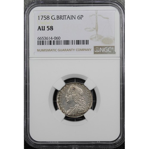 56 - 1758 Sixpence, NGC AU58, George II. Obv. old laureate & draped bust, Rev. 5 strings in harp. Fla... 