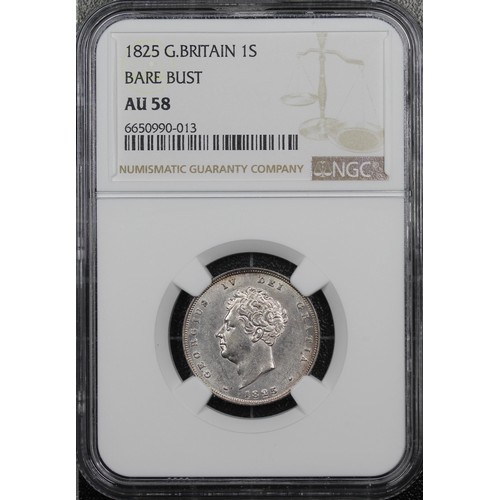 78 - 1825 Shilling, NGC AU58, George IV. Obv. bare bust, Rev. Lion standing on crown. Lustrous; trivial r... 