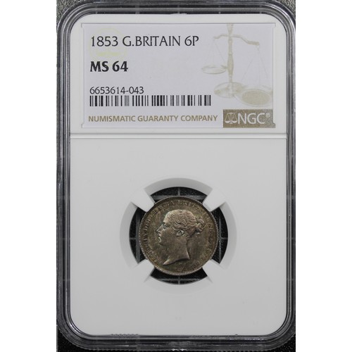 59 - 1853 Sixpence, NGC MS64, Victoria. Obv. first young head, Rev. crowned mark of value. Richly toned w... 