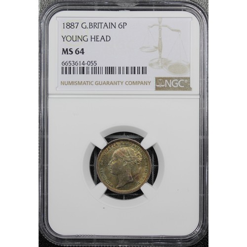 63 - 1887 Sixpence, NGC MS64, Victoria. Obv. third young head, Rev. crowned mark of value. Lustrous with ... 