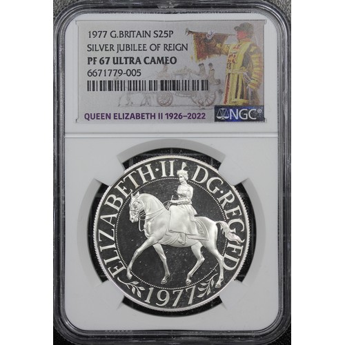 293 - NGC PF67 Ultra Cameo 1977 Silver proof crown, Elizabeth II. Struck to commemorate the silver Jubilee... 