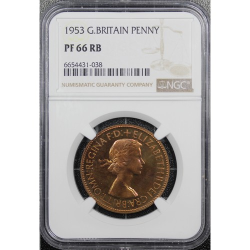 39 - 1953 Proof penny, NGC PF66 RB, Elizabeth II. A radiant example with multi-coloured toning, particula... 