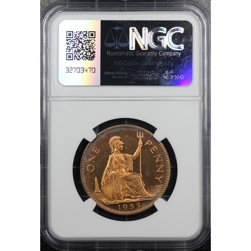 39 - 1953 Proof penny, NGC PF66 RB, Elizabeth II. A radiant example with multi-coloured toning, particula... 