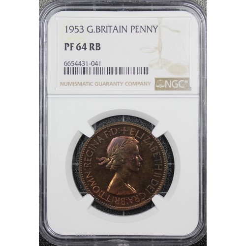 40 - 1953 Proof penny, NGC PF64 RB, Elizabeth II. Dark toned with flashes of rainbow colours throughout. ... 