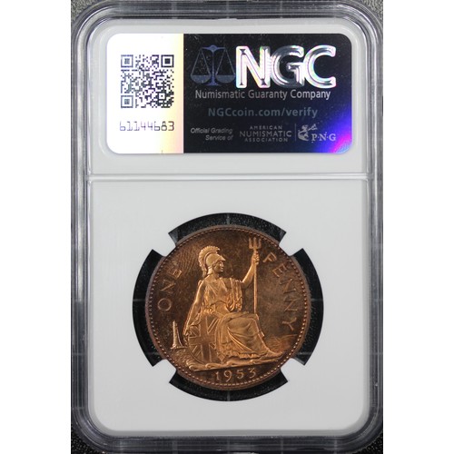 40 - 1953 Proof penny, NGC PF64 RB, Elizabeth II. Dark toned with flashes of rainbow colours throughout. ... 