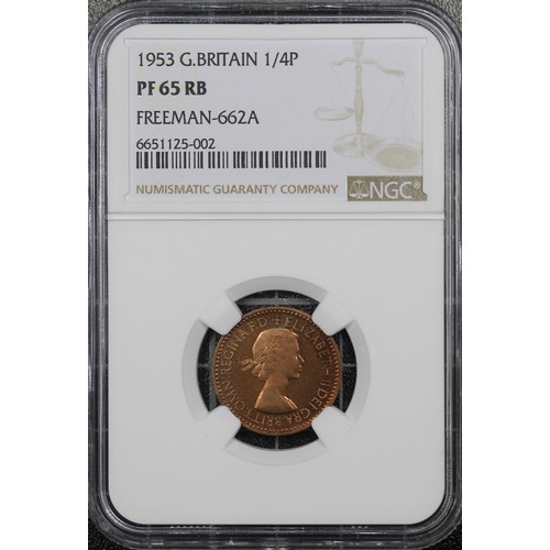 22 - 1953 Proof farthing, NGC PF65 RB F662A, Elizabeth II. The rarest of the die pairings (2+A) and among... 