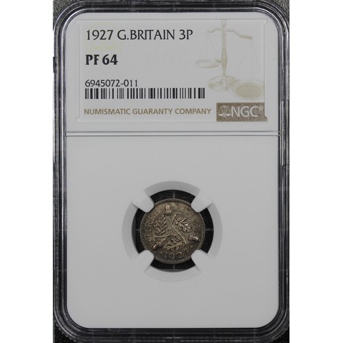 52 - 1927 Proof Threepence, NGC PF64, George V. Deep gun-metal grey tone. UNC. [ESC 2141, Bull 3946, S.40... 