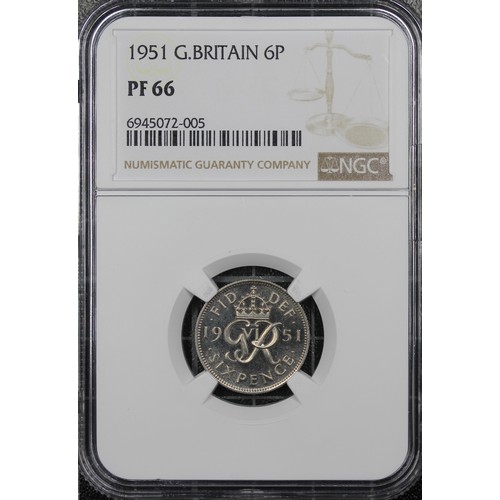 73 - 1951 Sixpence, NGC PF66, George VI. A superb example with just 8 examples higher on the NGC census. ... 