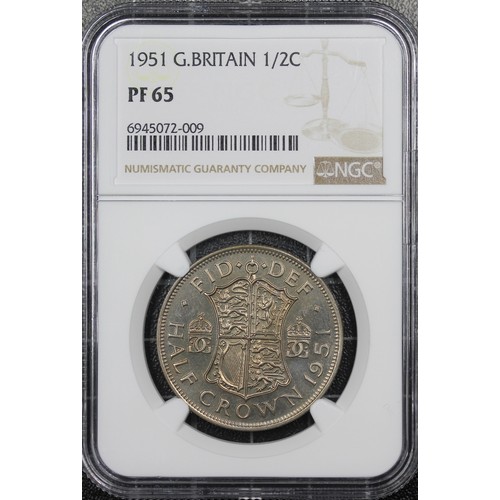 130 - 1951 Proof halfcrown, NGC PF65, George VI. Obv. bare head left, second rev. with FID DEF above shiel... 