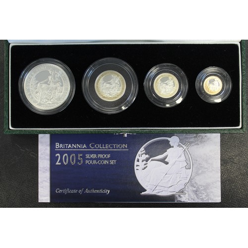 290 - 2005 Silver Britannia 4-coin proof set in green case of issue with COA. Special reverse design by Ph... 