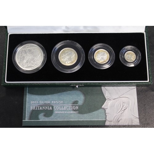 289 - 2003 Silver Britannia 4-coin proof set in green case of issue with COA. Special reverse design by Ph... 