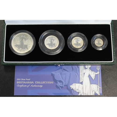 288 - 2001 Silver Britannia 4-coin proof set, Elizabeth II. Special reverse design of Britannia and the Li... 