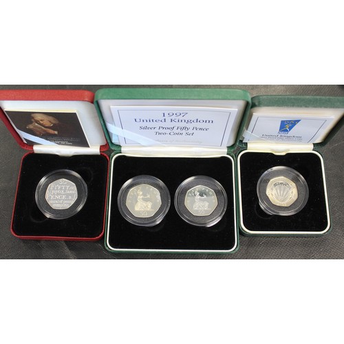 212 - Silver proof 50p coins (4) comprising 1997 2-coin set (large and small issues), 1998 EEC & 2005 ... 