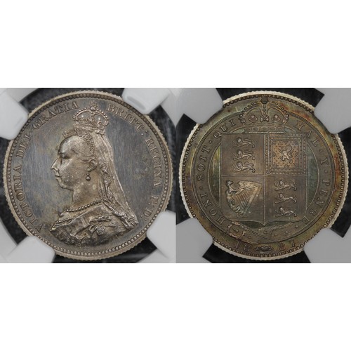 80 - 1887 Proof Shilling, NGC PF60, Victoria. Obv. Jubilee bust left, Rev. crowned square-topped shield w... 