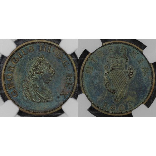 26 - Ireland 1805 Copper proof half penny, NGC PF61 BN, George III. Obv. laureate & draped & bust... 