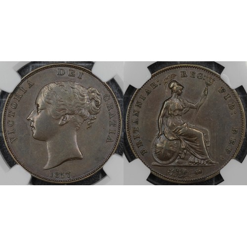 36 - 1857 Penny, NGC AU55 BN, Victoria, Ornamental Trident. Small date with doubled bead below 5. nEF. [P... 