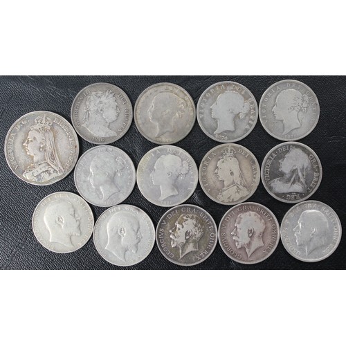 302 - A selection of pre-1920 silver coins (14) comprising 1891 crown and assorted halfcrowns (13). Mixed ... 