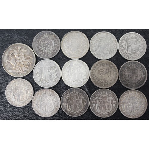 302 - A selection of pre-1920 silver coins (14) comprising 1891 crown and assorted halfcrowns (13). Mixed ... 