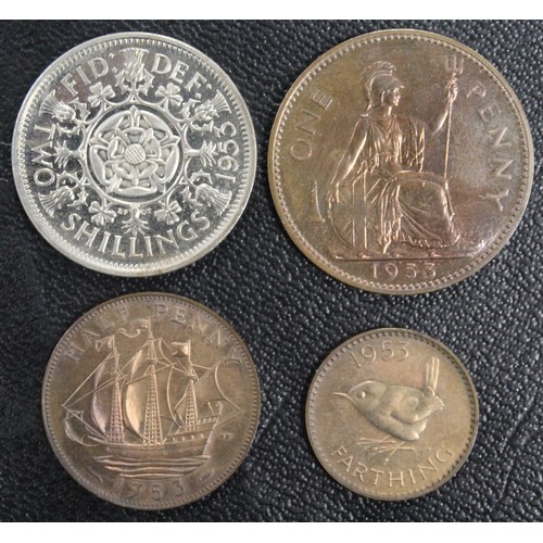 177 - A small assortment of 1953 Proof coinage (4) comprising florin, penny, half penny & farthing. Ge... 