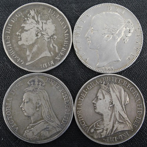 142 - Crowns (4) comprising 1821, 1845 (cinquefoil stops), 1890 & 1900 LXIV. Mixed grades, nFine to nV... 