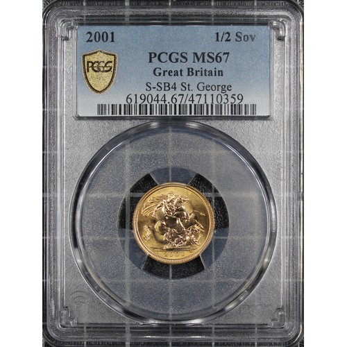 182 - 2001 Half sovereign, PCGS MS67, Elizabeth II. Obverse portrait by Ian Rank-Broadley. Choice UNC/nFDC... 