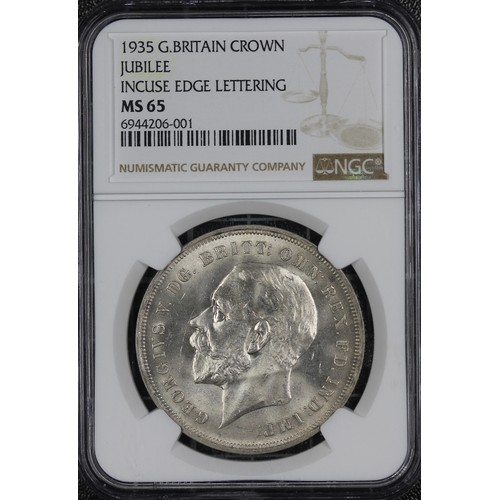 154 - 1935 Crown, NGC MS65, George V. Obv. bare head left, Rev. St. George & Dragon in art-deco style.... 