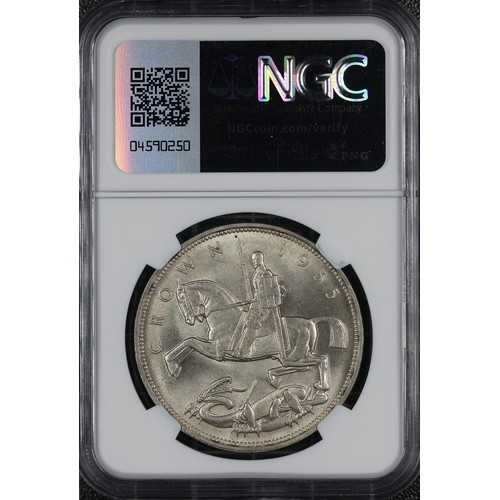 154 - 1935 Crown, NGC MS65, George V. Obv. bare head left, Rev. St. George & Dragon in art-deco style.... 