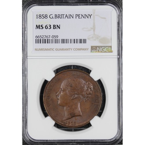 37 - 1858 Penny, NGC MS63 BN, Victoria, Ornamental Trident. Attractive milk-chocolate toning with flashes... 