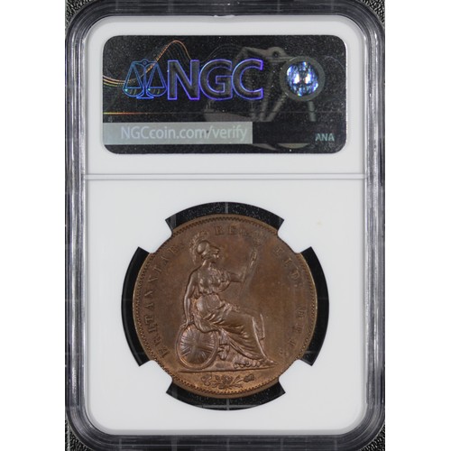 37 - 1858 Penny, NGC MS63 BN, Victoria, Ornamental Trident. Attractive milk-chocolate toning with flashes... 