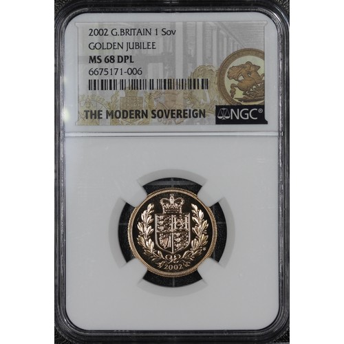 189 - 2002 Sovereign, NGC MS68 DPL, Elizabeth II. Special shield reverse design by Timothy Noad, obverse b... 