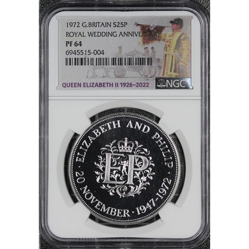 165 - NGC PF64 1972 Crown, Elizabeth II. Struck to commemorate the silver wedding anniversary of Queen Eli... 