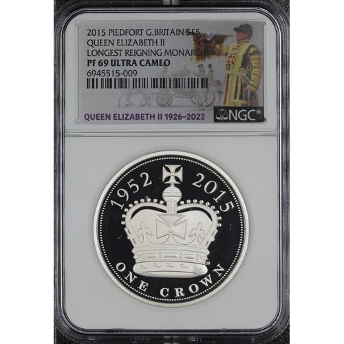 248 - NGC PF69 Ultra Cameo 2015 Silver piedfort proof £5 coin, Elizabeth II, celebrating The Longest Reign... 