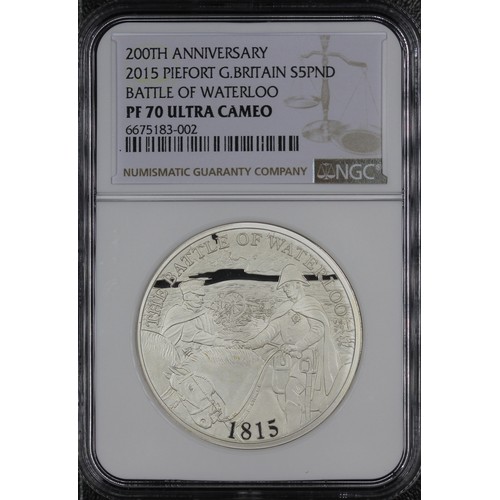 249 - Joint Top Pop NGC PF70 Ultra Cameo 2015 silver piedfort proof £5 coin, Elizabeth II. Struck to comme... 