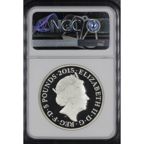 249 - Joint Top Pop NGC PF70 Ultra Cameo 2015 silver piedfort proof £5 coin, Elizabeth II. Struck to comme... 