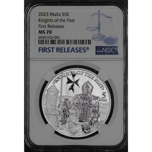 312 - Malta 2023 silver 5 Euros, Joint Top Pop NGC MS70. A private issue struck in 1oz fine silver by the ... 