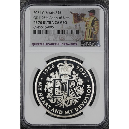 252 - NGC PF70 Ultra Cameo 2021 silver proof £5 coin, Elizabeth II. Struck to celebrate the 95th Birthday ... 