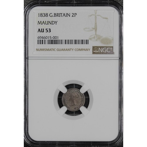 41 - 1838 Twopence, NGC AU53, Victoria. Obv. young head left, Rev. Crowned mark of denomination dividing ... 