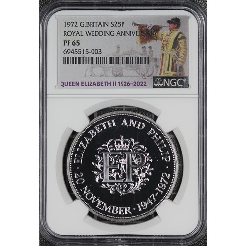 164 - NGC PF65 1972 Crown, Elizabeth II. Struck to commemorate the silver wedding anniversary of Queen Eli... 