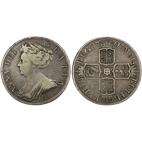 114 - 1707E Halfcrown, plain angles, Queen Anne. Edge SEXTO, Edinburgh mint with E below second bust. 7 St... 