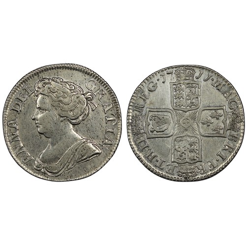 76 - 1711 Shilling, Queen Anne. Fourth bust, 6 strings in harp. Cleaned otherwise nEF with some underlyin... 