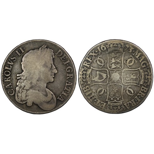 139 - 1673 Crown, Charles II, edge VICESIMO QVINTO. Obv. 3rd bust, Rev. 7 strings in harp. nFine, reverse ... 