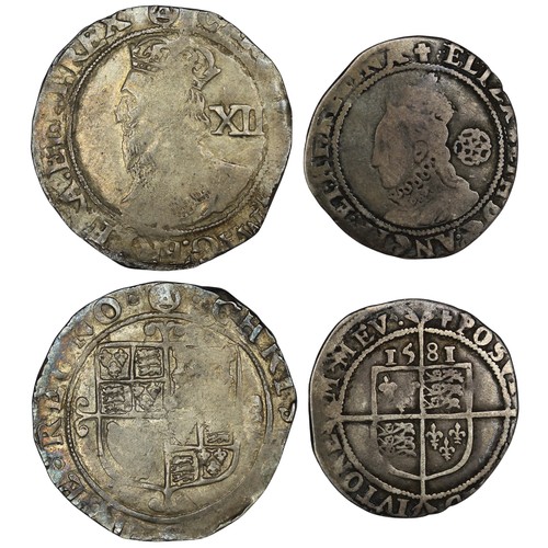 18 - A pair of hammered coins with Westminster COA's comprising Elizabeth I 1581 sixpence (mm. Latin cros... 