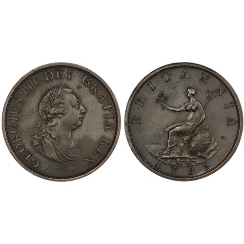 25 - 1799 Half penny, George III. A pleasing example with attractive tone. Raised line along length of hu... 