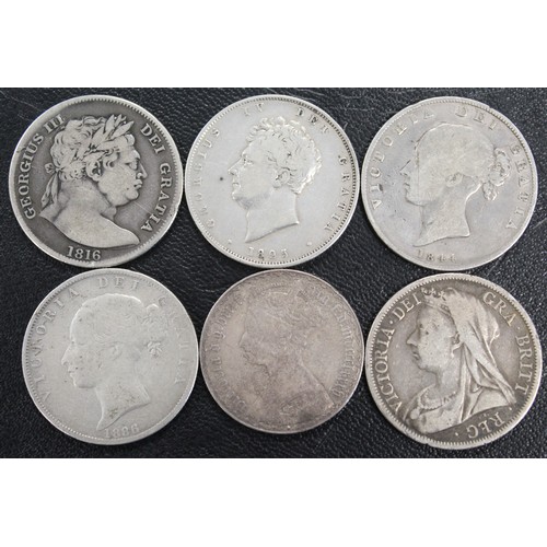 134 - Assorted silver coins (6) comprising 1885 florin and halfcrowns dated 1816, 1825, 1844, 1886 & 1... 