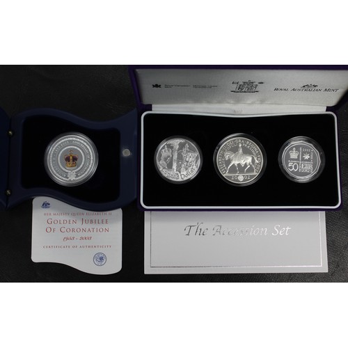 256 - The 2002 Accession Set & 2003 Golden Jubilee Australia $1. A three-coin set in presentation case... 