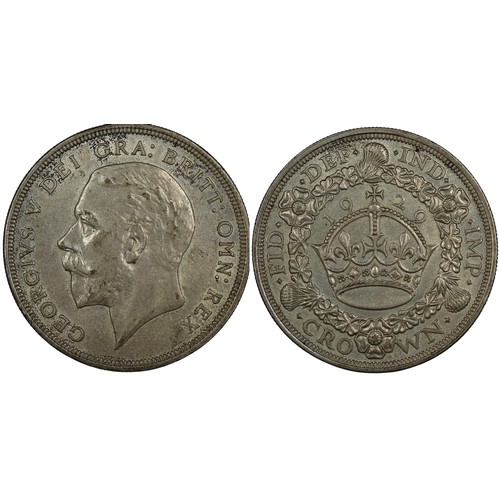 150 - 1929 Crown, George V. Obv. bare head facing left, Rev. crown and date within wreath. aEF, some obver... 