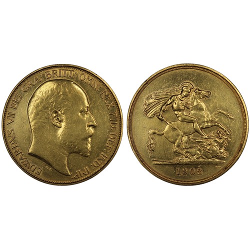 194 - 1902 Five Pounds (£5) or Quintuple Sovereign, Edward VII. Obv. bare head facing right, Rev. St. Geor... 